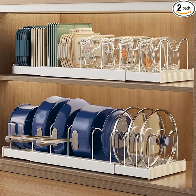 2 Pack Expandable Food Storage Container Lid Organizers, 22" Pots and Pans Organizer Under Cabinet with 9 Adjustable Dividers Pot and Pan Lid Holders Rack Inside Cabinet(White)