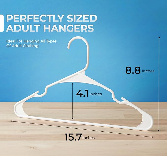 Beddora Plastic Hangers 50 Pack, White Clothes Hangers for Closet Organization and Storage Space-Saving Design, Kids & Adult Coat Hanger for Suits, Shirt & Percheros Ganchos para Colgar Ropa Hangars