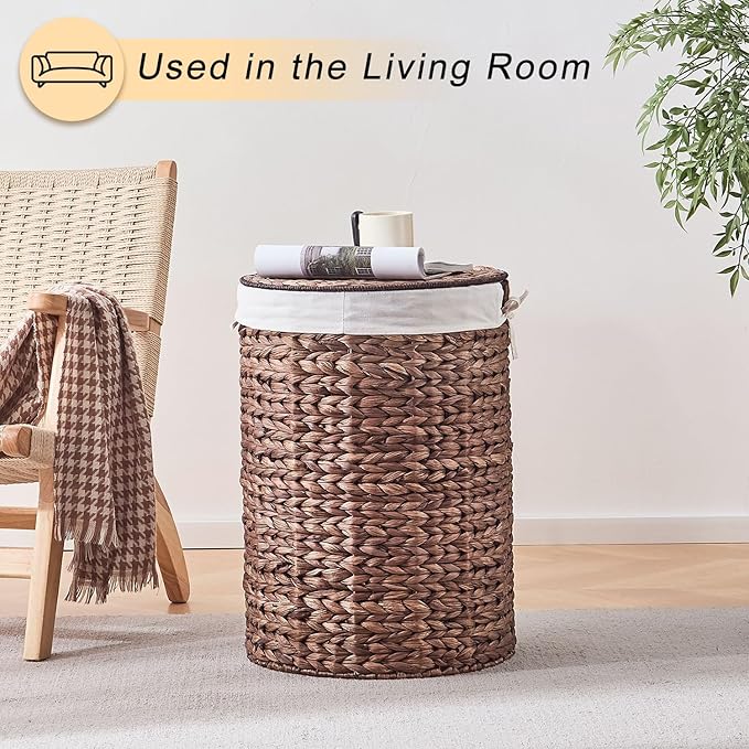 Round Water Hyacinth Laundry Hamper with Lid Handwoven Wicker Basket with Handles for Dirty Clothes, Storage, and Organization Ideal for Bedroom, Bathroom, and Laundry Room, No Assembly Required, 90L
