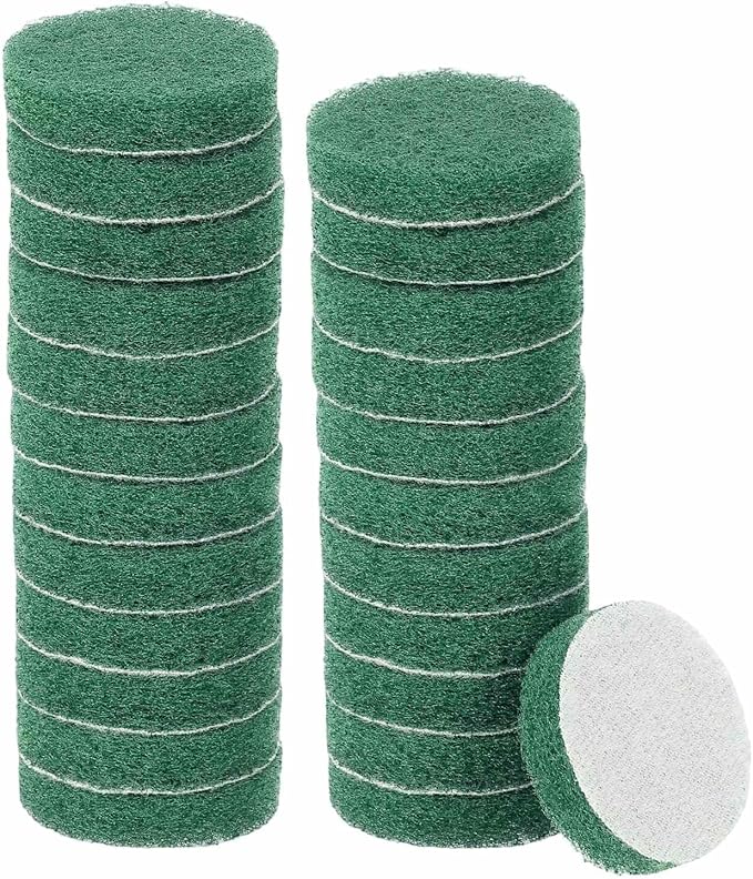 HARFINGTON 24pcs Scrubber Scouring Pads 180 Grits 2 Inch Drill Power Brush Hoop and Loop Surface Conditioning Disc Drill Scuffing Disc Scrub Pads for Home Kitchen Cleaning, Green