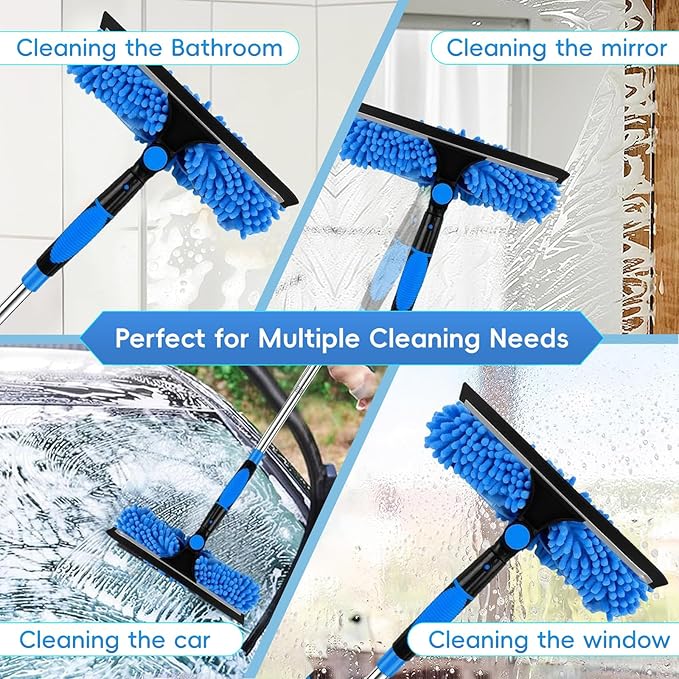Window Squeegee Cleaning Tool, 2 in 1 Telescopic Window Cleaner Rotatable Window Washing Equipment for High Window, Interior Roof, Car Glass, Home