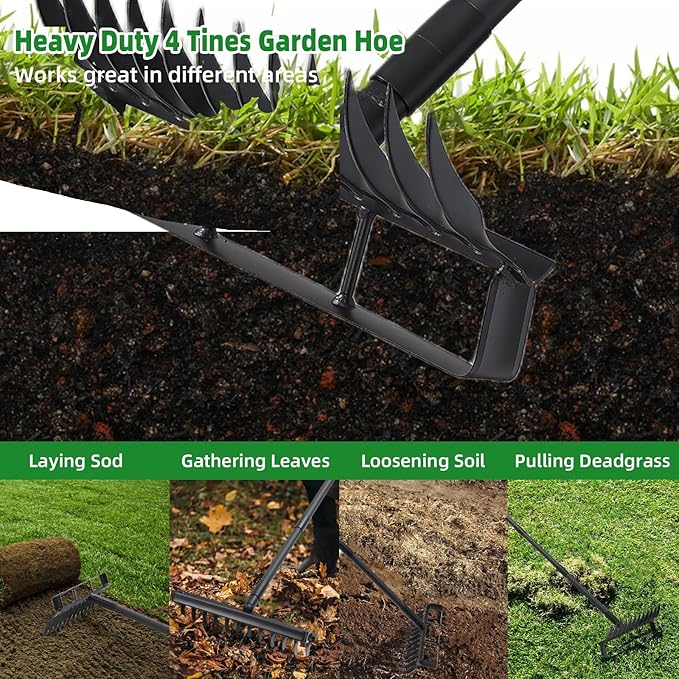 76.8" Garden Hoe and 12 Tines Rake 2-in-1 Garden Tool for Weeding, Garden Cultivator with Adjustable Long Handle Heavy Duty Weed Puller Stirrup Hoe for Ditching, Seeding, Loosening Soil