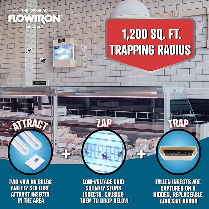 Flowtron Indoor Fly Killer | Electric Low-Voltage Bug Zapper for Gnats & Insects with 80W UV Light & Pheromone Lure, Stun Grid & Sticky Trap | 1200 Sq Ft for Kitchen, Restaurant & Barn, UL Certified