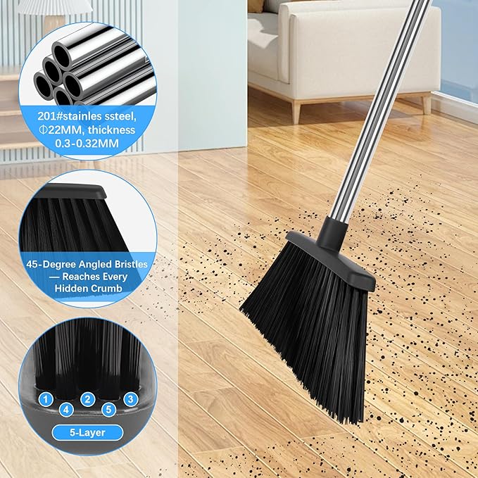 Heavy Duty Angle Broom, 55-Inch Long Handle Extra Wide 12.6 Inch Head, Stainless Steel Tube & PP Bristles for Pet Hair and Dust, Floor Safe - Black