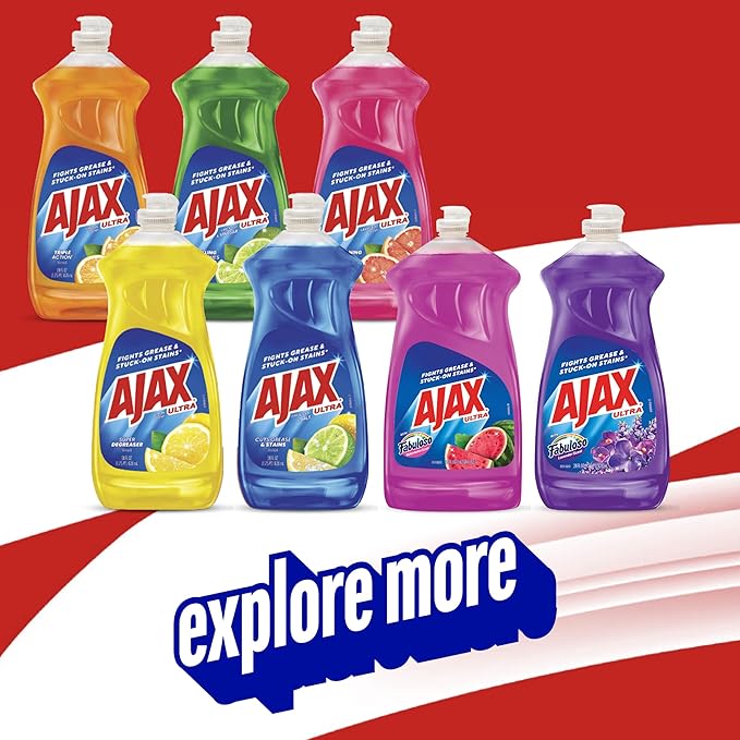 Ajax Ultra Liquid Dish Soap with Fabuloso Watermelon Scent, Fights Grease and Stuck-On Stains, Deep Cleaning Action, Mess-Free, Easy-Flip Cap, 52 fl oz Bottle