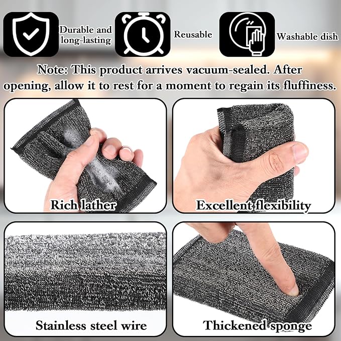 6 Pack Steel Wool Scrubber Sponges, Heavy Duty Stainless Steel Scouring Pads Reusable Non Scratch Metal Sponges Hand-Friendly Kitchen Cleaning Tool for Pots and Pans Tough Grease & Grime (Black)