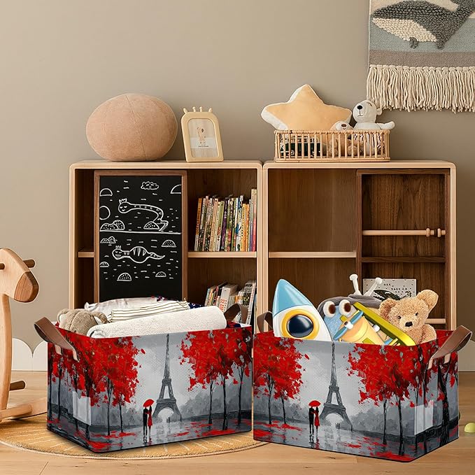 Eiffel Tower Storage Basket,Paris Couple Collapsible Storage Bin Cubes for Living Room Bedroom Blankets Home Storage 17x11.5x10Inch
