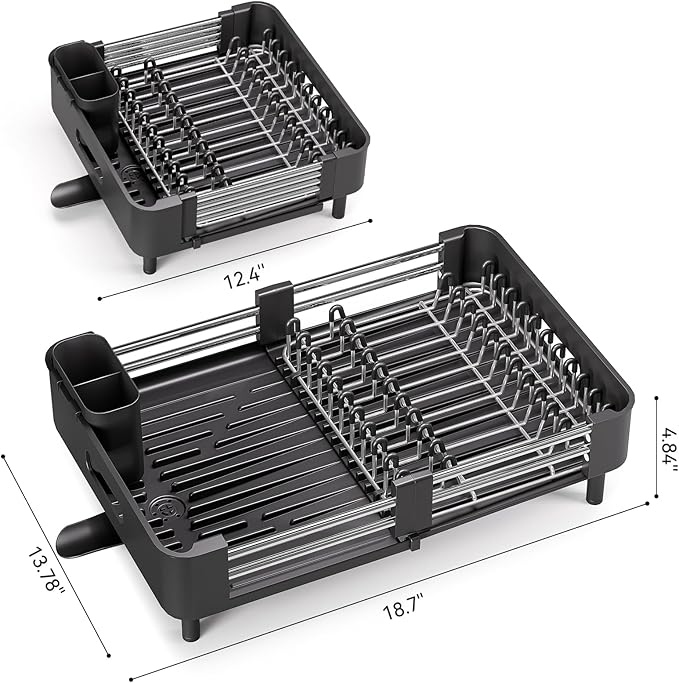 Urackify Stainless Steel Dish Drying Rack - Dish Drainer for Kitchen Counter, Extendable Drainboard with Foldable, Space-Saving Cup & Bowl Organizer, Includes Knife and Utensil Holder, Black