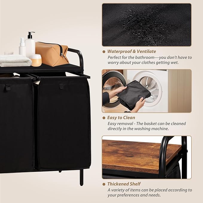 4 Section Laundry Hamper with Shelf, Laundry Basket Organizer with 4 Pull-Out Removable Bags 4×11.5Gal(43.4L), Laundry Sorter for Clothes Organization in Bedroom, Laundry Room, Black