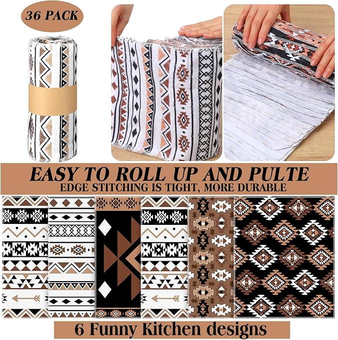 36 Pack Western Aztec Reusable Cleaning Cloths Washable Cotton Kitchen Towels for Home(Brown)