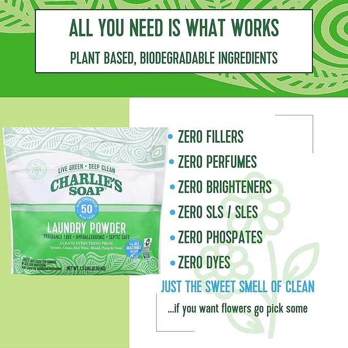 Charlie’s Soap Laundry Powder (50 Loads, 6 Pack) Hypoallergenic Deep Cleaning Washing Powder Detergent – Eco-Friendly, Safe, and Effective