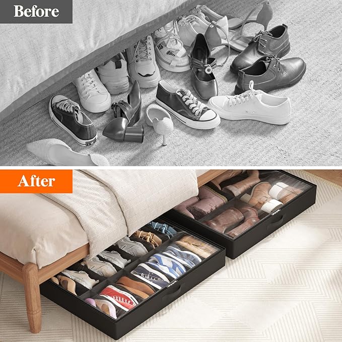 Lifewit Under Bed Shoe Storage Organizer 2 Pack(14 Pairs+4 Pairs), 4.3" Tall Fabric Shoes Container Box, Foldable Closet Shoe Bag with 2 Reinforced Handles and Clear Cover, Black