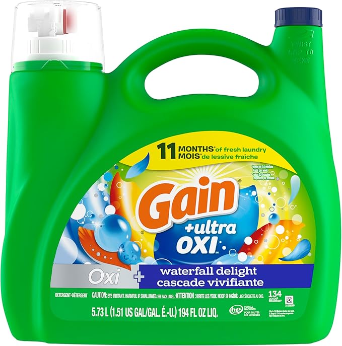 Gain Ultra Oxi Liquid Laundry Detergent,Waterfall Delight Scent,194 fl oz,134 Loads,Freshness + Odor Fighting,High Efficiency Washing Machine Liquid Cleaning Soap,(Pack of 2)
