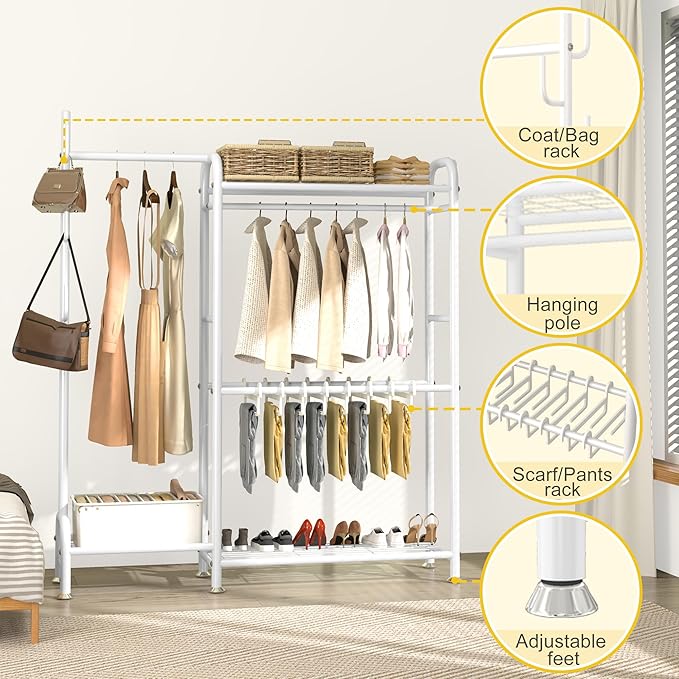 GAIOUS White Portable Closet Rack Wardrobe Clothes, Metal Garment Rack with Shelves for Hanging Clothes Rods，Freestanding Closet Wardrobe Organizer for Cloakroom, Bedroom