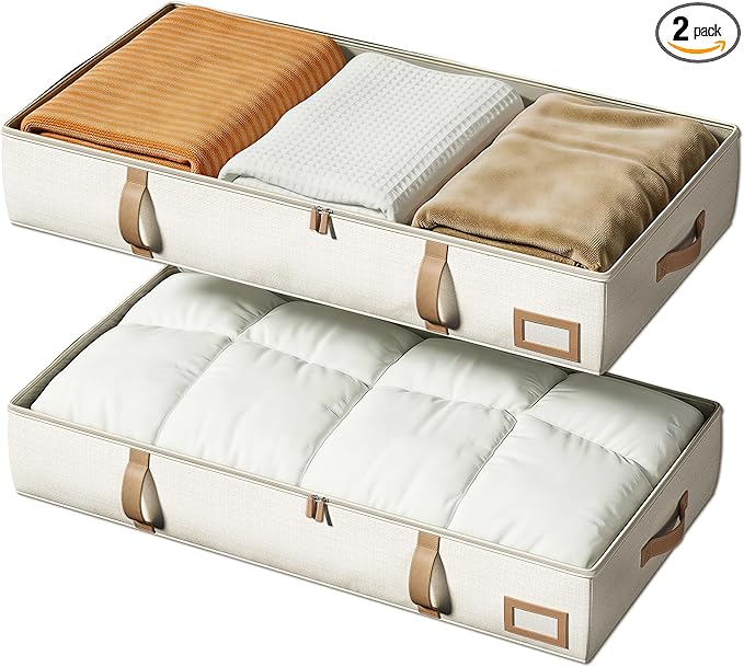Vailando Under Bed Storage Containers, 6 Inches Tall 60L Underbed Storage Bins with Leather Handles and Sidewalls, Closet Organizer for Clothes, Blankets, Seasonal Items, Beige with Brown, 2-Pack