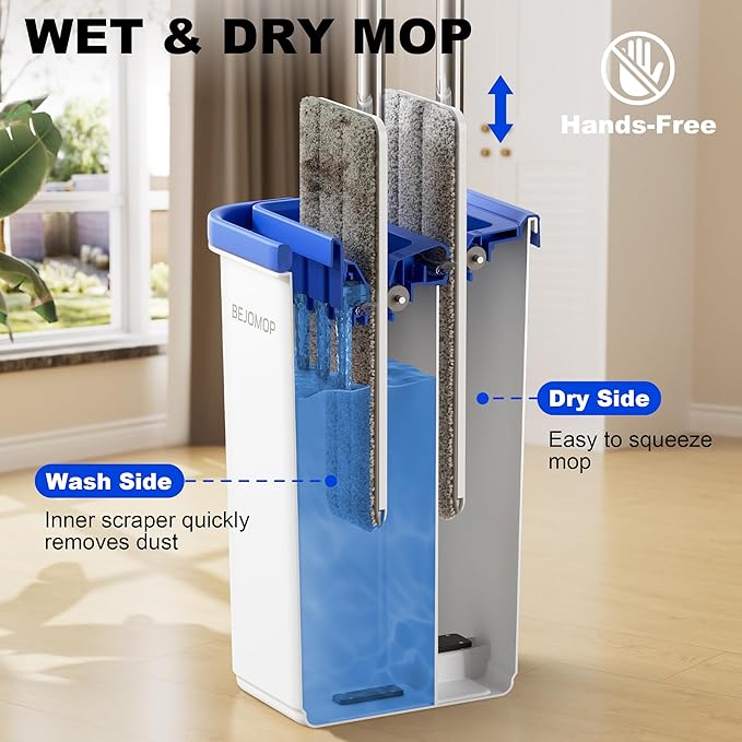Mop and Bucket Set, Mops for Floor Cleaning with Long Handle, Squeeze Flat Mop and Bucket System, Dry & Wet Dust Mop for Household Floor Cleaning with 5 Microfiber Mops, Slate Blue