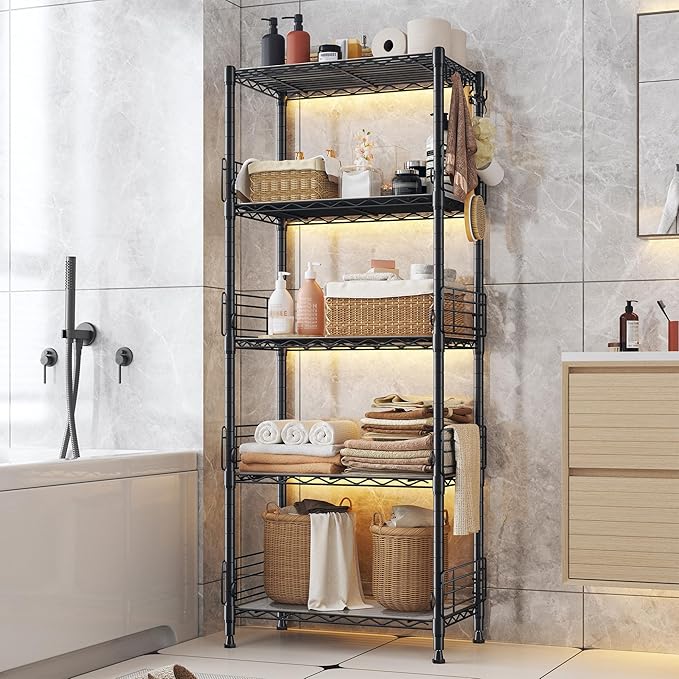 5 Tier Metal Shelving Unit Pantry Storage Shelves with Side Blockers Adjustable Metal Wire Shelf with Hooks & Shelf Linker Standing Storage Rack for Kitchen Pantry Bathroom Closet,13.8"Dx21.7"Wx59.1"H
