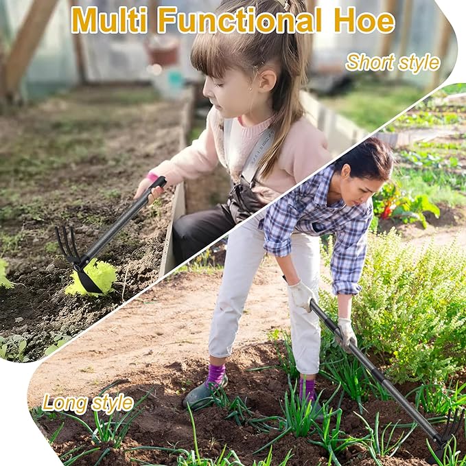 Lilyvane Garden Hoe, 2 in 1 Hand Hoe Garden Tools,45 Inch Long Handle,Garden Hoe and Cultivator for Weeding Cultivating Planting, Small Hand Rake Tiller for Flower Bed Gardening, Loosening Soil