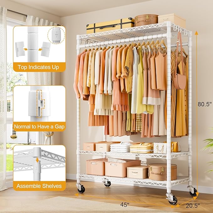ULIFHOME P7 Rolling Clothes Rack, Clothing Racks for Hanging Clothes, Heavy Duty Garment Rack with Wheels, 3 Tiers Freestanding Portable Closet Rack 45''W × 20.5''D × 80.5''H, Max Load 480 lbs, White