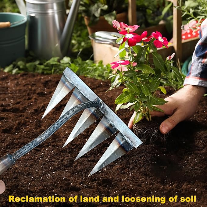 Ironrake The Heavy-Duty Iron Weeding Rake,1pc Iron Rake for Gardening and Weeding with 5 Metal Tines,Weeding Rake for Sturdy Dethatching,Ironrake for Backyard Lawn Loosening Planting Weeding