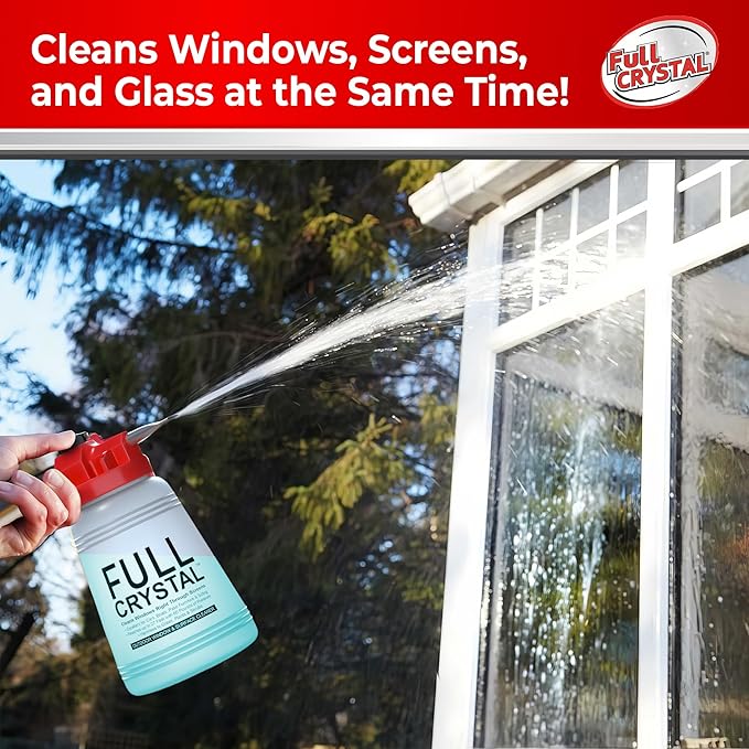 Full Crystal Window Cleaning Kit – 4 oz Glass Cleaner and Bottle with 27 ft Reach, Makes Up to 640 fl oz, Cleans Up to 20 Windows, Scrub-Free, Rinse-Free