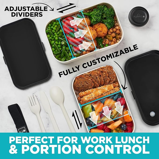KARRICO Double Premium Bento Box Adult, 67 fl oz BPA-Free - Cream Stackable Lunch Box with Leak-Proof Lids & Dividers, Perfect for Meal Prep, Lunches & Portion Control