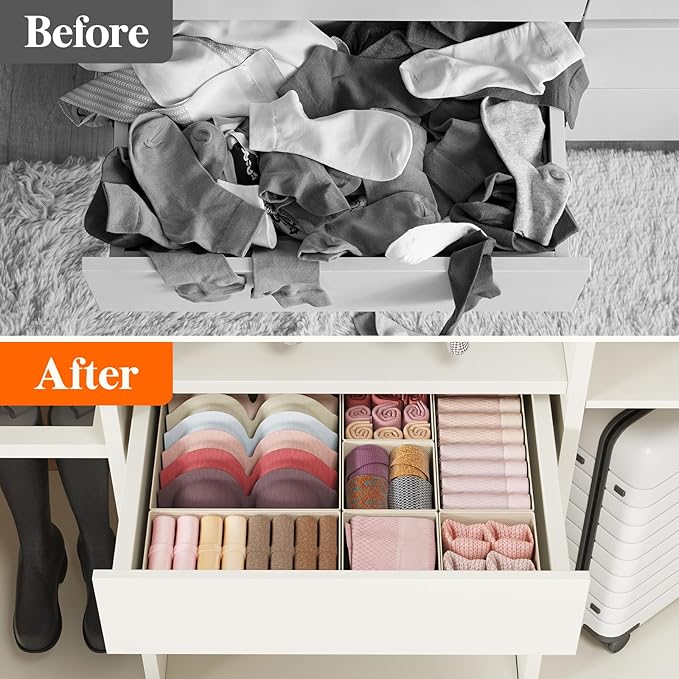 Lifewit 16 Pack Drawer Organizer, Dresser Underwear Drawer Organizer Bins, Foldable Fabric Closet Organizers, Storage Drawer Dividers, Dorm Room Essentials for Clothing, Socks, Towels, Ties Khaki