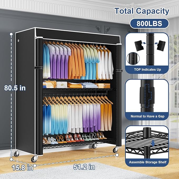 ULIFHOME P8C Max Heavy Duty Clothes Rack（With Extended Width Design） Rolling Clothing Racks for Hanging Clothes with Lockable Wheels，51.2"W x 15.8"D x 80.5"H，Load 700LBS，Black Rack with Black Cover