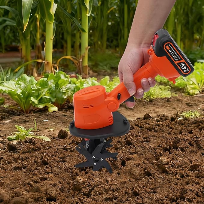 Cordless Mini Tiller Cultivator, 21V Electric Handheld Tiller for Gardening, Lightweight Soil Ripper Garden Tool with 1500mAh Battery & 10cm Tilling Width, Orange ABS Body, Ideal for Home Lawn, Yard