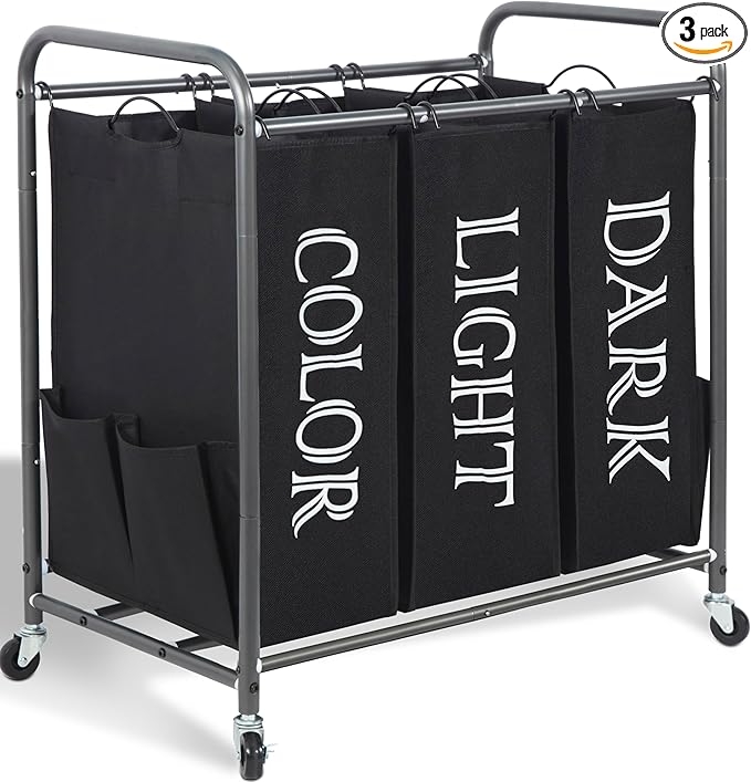 STORAGE MANIAC 3 Section Laundry Sorter, 35.9 Gal (136 L) Laundry Hamper Cart with Heavy Duty Rolling Lockable Wheel and Removable Bag, Clothes Organizer Basket Clothes Separator Hamper, Label Black
