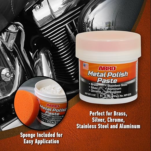 ABRO Metal Polish Paste 5 oz. w/Sponge, Easy to Apply, Long Lasting Metal Polish, Use On Auto Body and All Metal Surfaces