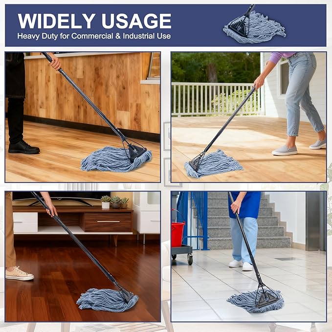 Commercial Industrial Mop for Floor Cleaning, 3 Extra Large Reusable Replacement Head with 59" Long Handle,Heavy Duty Looped-End String Wet Cotton Mop for House,Kitchen,Office,Garage,Tile Floor