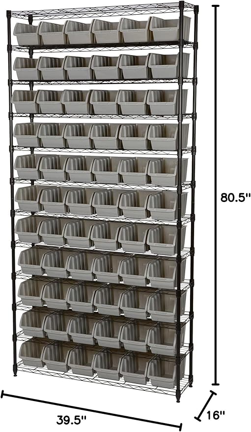 Strongway 12-Tier Single Side Wire Shelving Unit with 66 Bins - 39.5in.L x 16in.W x 80.5in.H
