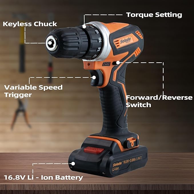 SOLUDE 16.8V Max Cordless Drill Driver Kit,Electric Power Drill Set with 2 Pack 3000mAh Li-ion Battery,3/8 Inch Keyless Chuck,Variable Speed,18+1 Position and 55pcs Drill/Driver Bits
