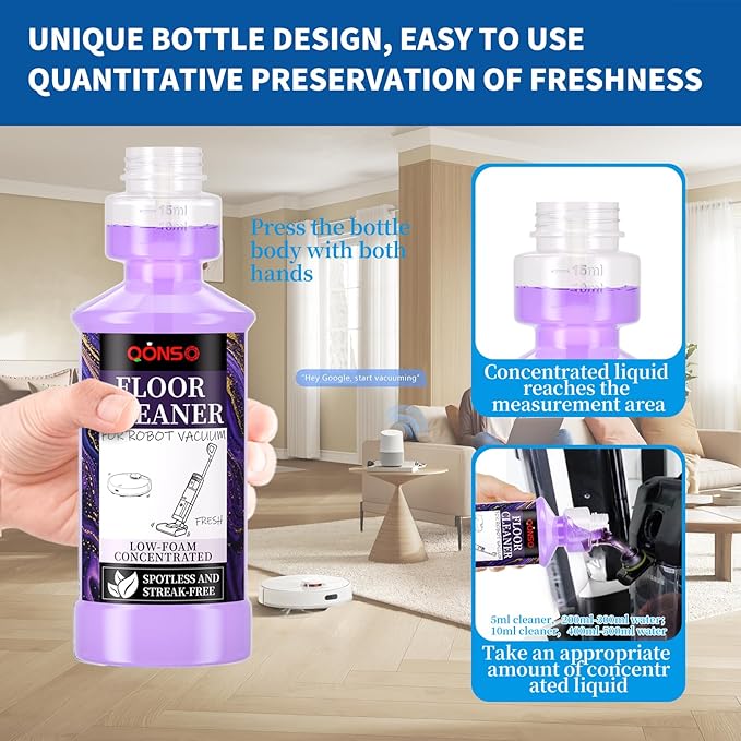 Low Foam Robot Vacuum Floor Cleaning Concentrate Solution Compatible for Roborock Q5 Max, Tineco, iFloor, 8.45 Fl Oz 250ml