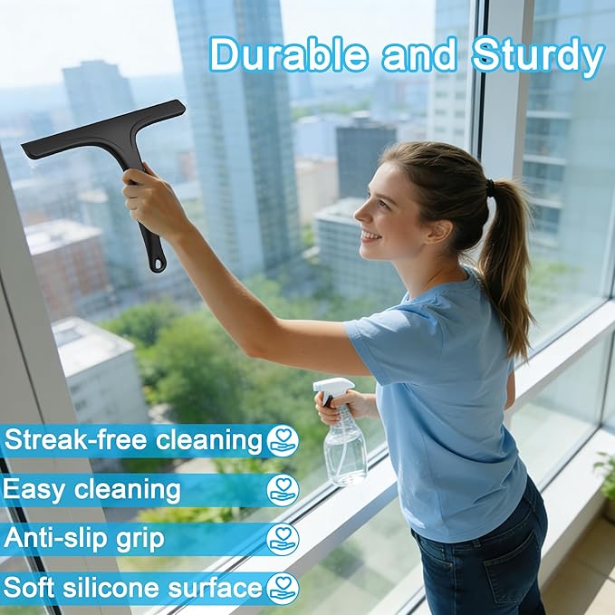 Silicone Shower Squeegee for Bathroom Glass Doors, with Hanging Hole for Easy Storage, Removes Water Spots from Windows, Mirrors, Tiles & Kitchen Surfaces-Black, 10 Inch