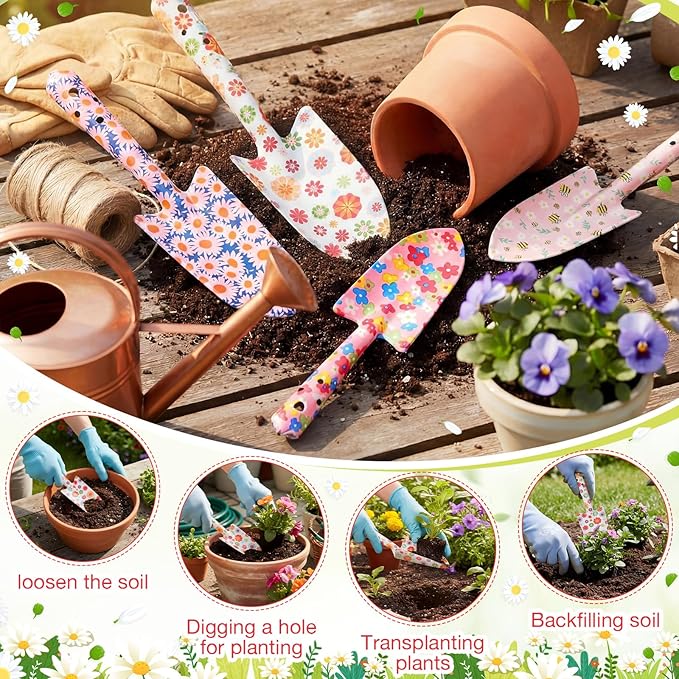 24 Pcs Floral Garden Shovels Bulk Gardening Gift for Women Heavy Duty Garden Tools Floral Hand Shovel for Mom Employees Birthday Thank You Gifts(Pink Flowers)