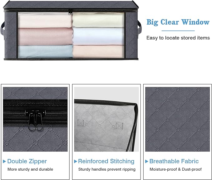 HomeHacks Storage 4-Pack Clothes Organizer Storage Bags Foldable Storage Box with Large Clear Window Sturdy Handles for Closet, Dorm, Pillows, Bedding, Clothes, Stuffed Toys, Blankets, Grey