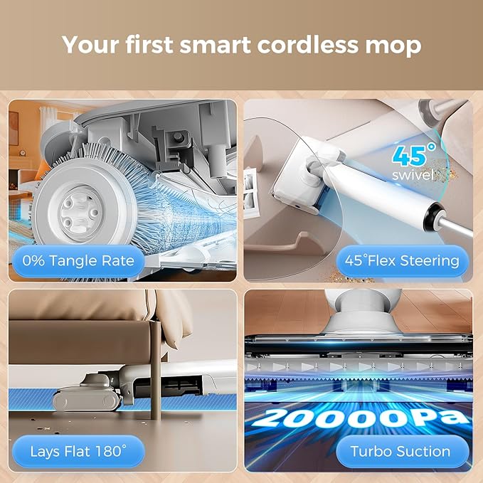 Wet Dry Vacuum Mop - Self-Cleaning Floor Washer with 180°Lie-Flat & 0 Hair Tangle, Self-Propelled Edge Cleaning, 60Min Runtime, Designed for Pet Hair, Kids' Spills & Daily Household Cleaning