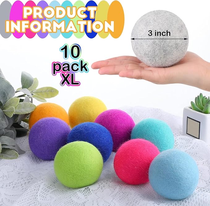 WILLBOND 10 Pack Wool Dryer Balls XL 3 Inch Reusable Laundry Natural No Lint Fabric Softener Replaces Dryer Sheets Wool Balls for Reduce Wrinkles Save Drying Time(Rainbow)