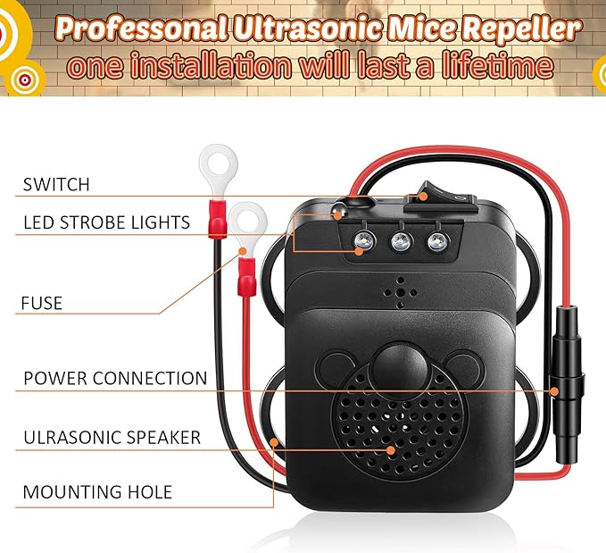 4 Pack Under Hood Animal Repeller Ultrasonic Mouse Repeller Rat Repellent Small Ultrasonic Mice Deterrent for 12V Car Pest Vehicle Automobile Get Rid of Animal in Car Engine with Strobe Light
