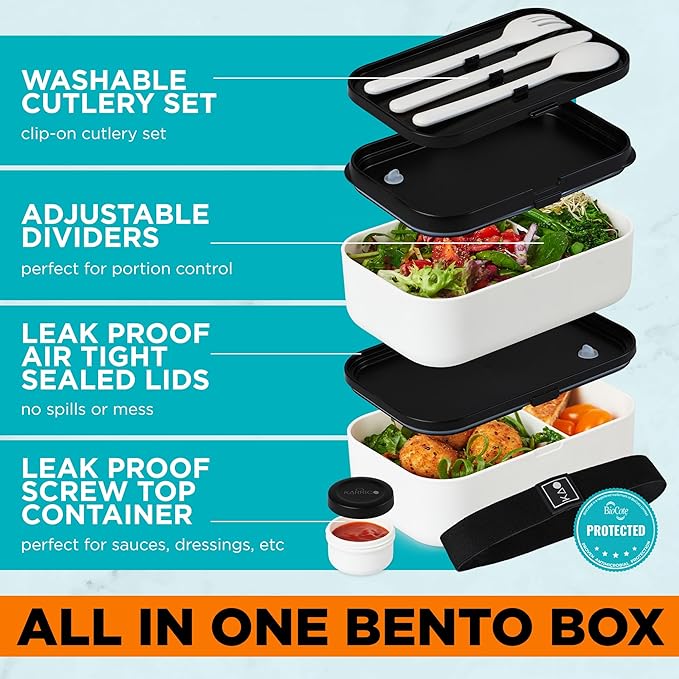 KARRICO Double Premium Bento Box Adult, 67 fl oz BPA-Free - Cream Stackable Lunch Box with Leak-Proof Lids & Dividers, Perfect for Meal Prep, Lunches & Portion Control
