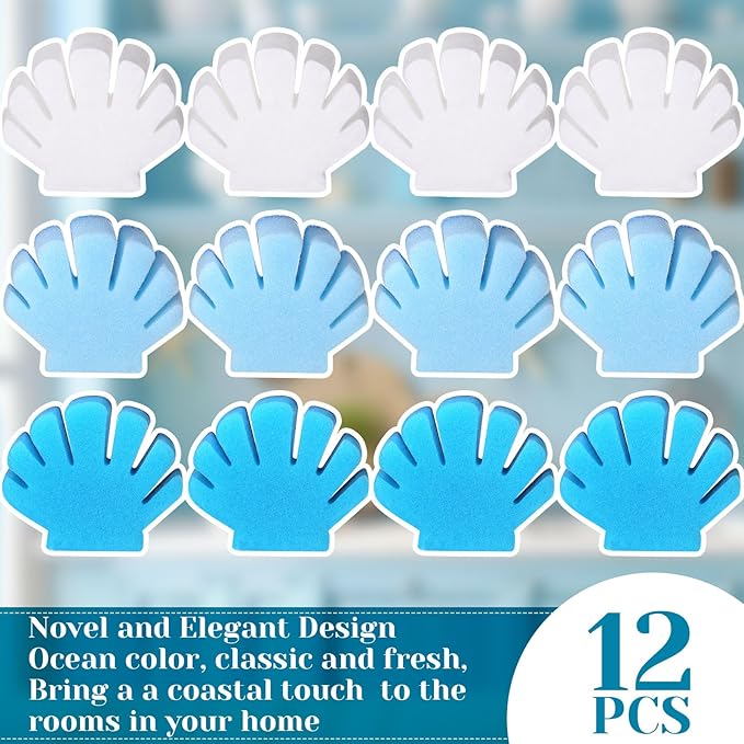 Tioncy 12 Pack Shell Kitchen Sponges Bulk Dual Sided Scrubber Summer Shell White Blue Sponges Dishwashing Kitchen Cleaning Accessories for Funny Beach Sea Theme Household Supplies