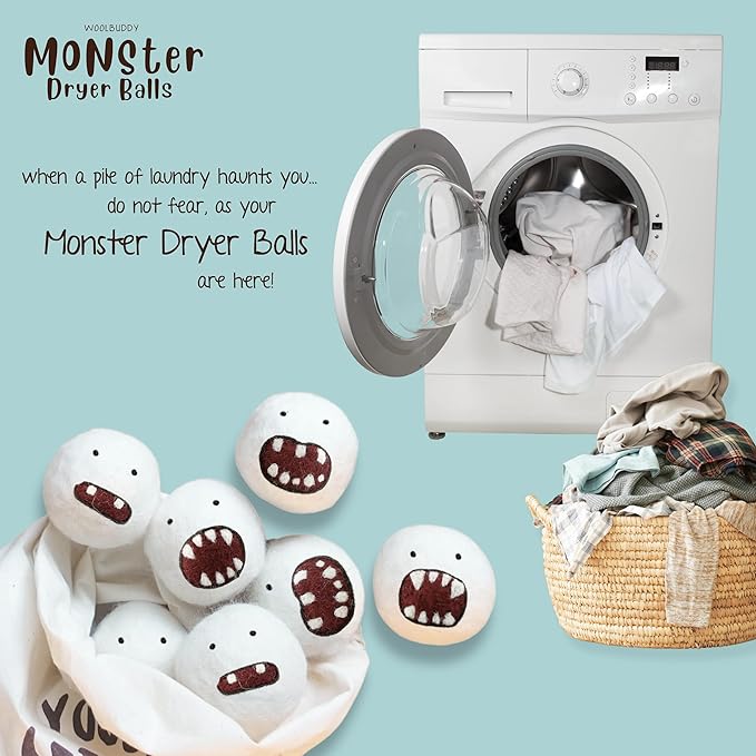 Woolbuddy Monster Dryer Balls (6-Pack) — Cute Handmade Wool Characters, Natural Fabric Softener, Eco-Friendly Gift for Families & New Homes
