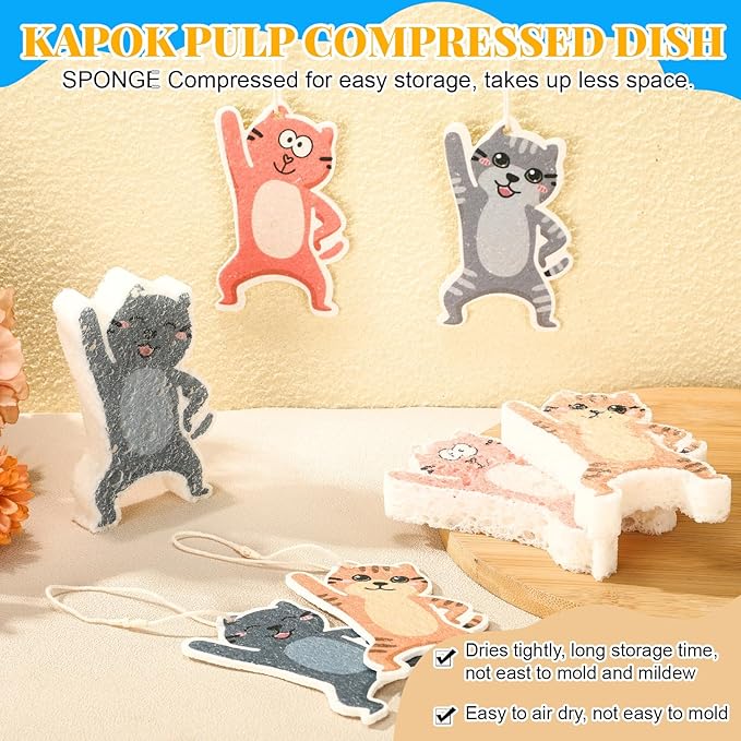 8 Pack Cute Kitchen Sponges Dish Set Compressed Non-Scratch Reusable Kitchen Cleaning Household Sponges for Dishes, Pans, Kitchen, Fruit, Plate, Bathroom(Cat)
