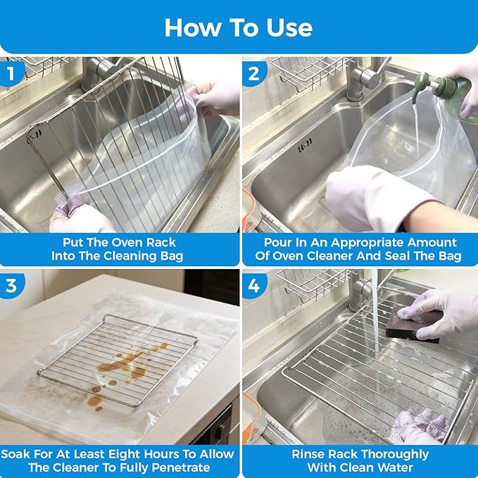 4 Pack Oven Grill Cleaning Bags（15.7''X23.7'', Heavy Duty Oven Rack Cleaner Bags - No Messy Hands Reusable Soak-off Cleaning Kit for Grate & Grill Rack,No Cleaner Included