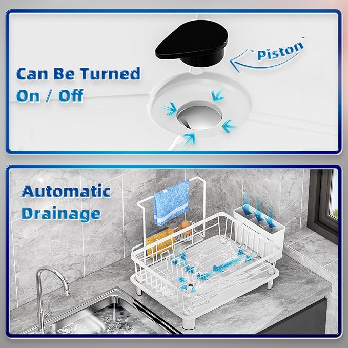 GAOKASE Dish Drying Rack, Stainless Steel-Dish Rack, Dish Racks for Kitchen Counter, Kitchen Dish Drainers with Removable Utensil Holder,New Drain Outlet,Plate Rack and Drainboard (White 3)