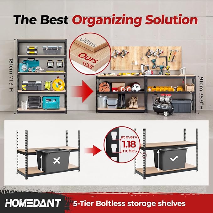 HOMEDANT 47.7" W Deep 5 Tier Heavy Duty Garage Shelving Adjustable Metal Rack Storage Shelves Standing Shelf Unit Organizers Industrial Warehouse Basement Black 2Pack