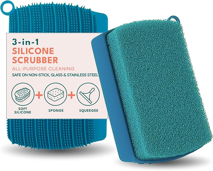 3-in-1 Silicone Scrubber Sponge with Squeegee – Non-Scratch Kitchen Sponge for Dishes, Sink & Bathroom, Quick-Dry, Reusable Cleaning Tool (Teal)