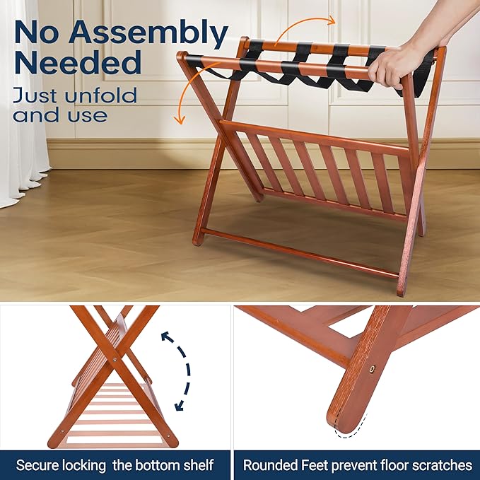 Whitmor Bamboo Luggage Rack with Bottom Shelf, Foldable Suitcase Stand, Heavy Duty Storage Shelf, 5 Nylon Straps & X-shaped Frame, Fully Assembled Walnut Luggage Holder for Guest Room, Bedroom, Hotel